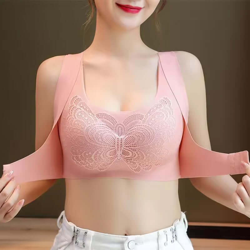 Libaaya's™ Front-Closure Bralette in soft pink with butterfly design, perfect for posture support and everyday wear.