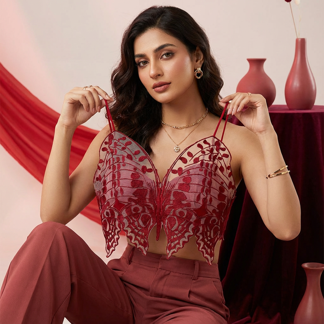 Butterfly Lace Bralette – Ultra Elegant Embroidered Mesh Top | Premium Party & Daily Wear Bralette