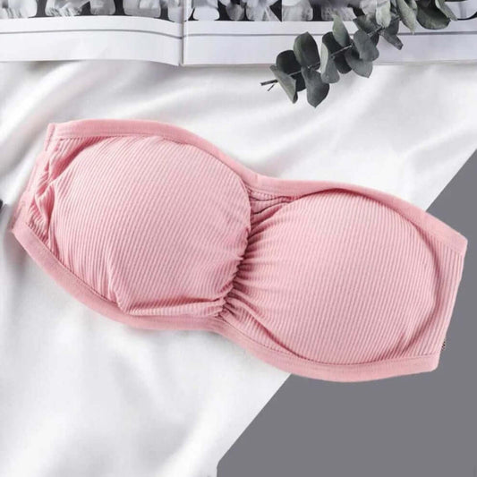 Free size pink bandeau bra with three back straps, removable padding, and ribbed stretchable fabric.