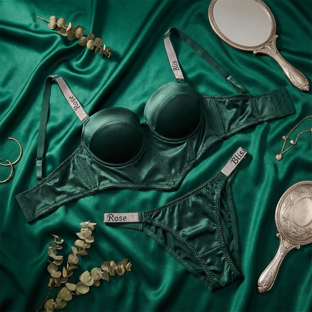 Emerald green satin half-cup bra set with premium finish
