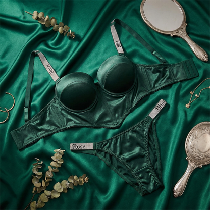 Emerald green satin half-cup bra set with premium finish
