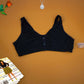 Wide strap front open black nursing bra with 3-button closure, designed for comfort and support for new moms.