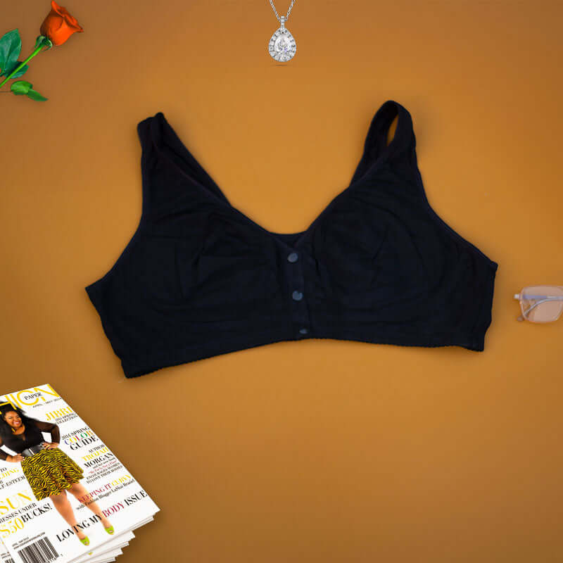 Wide strap front open black nursing bra with 3-button closure, designed for comfort and support for new moms.