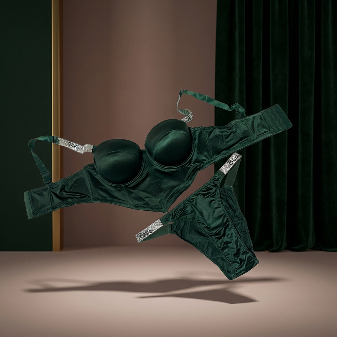 Luxury Satin Half-Cup Bra & Panty Set – Rhinestone Rose Straps | Premium Lingerie