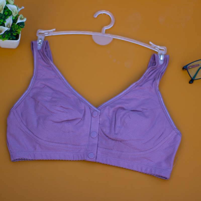 Wide strap front open 3-button nursing bra in lavender cotton-lycra, perfect for breastfeeding and comfort.