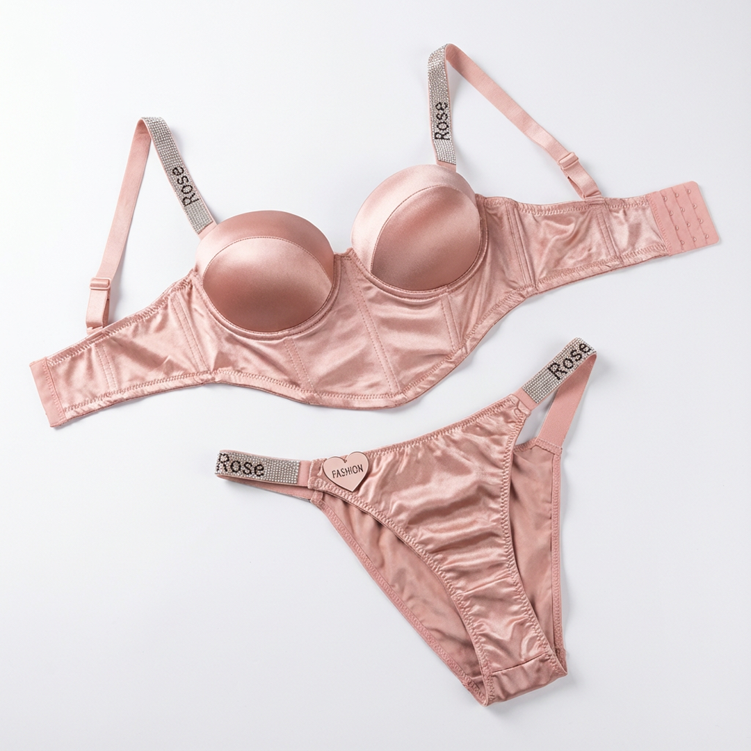 Blush pink satin half-cup bra and panty set with rhinestone Rose straps
