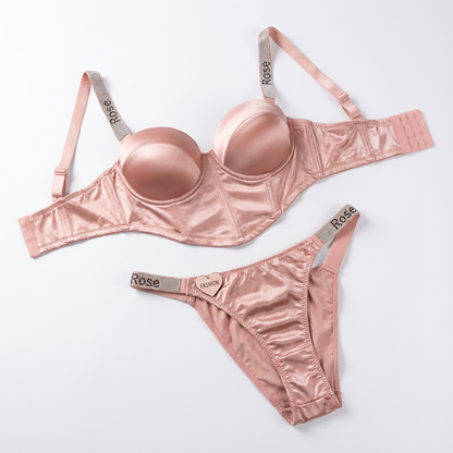 Blush pink satin half-cup bra and panty set with rhinestone Rose straps
