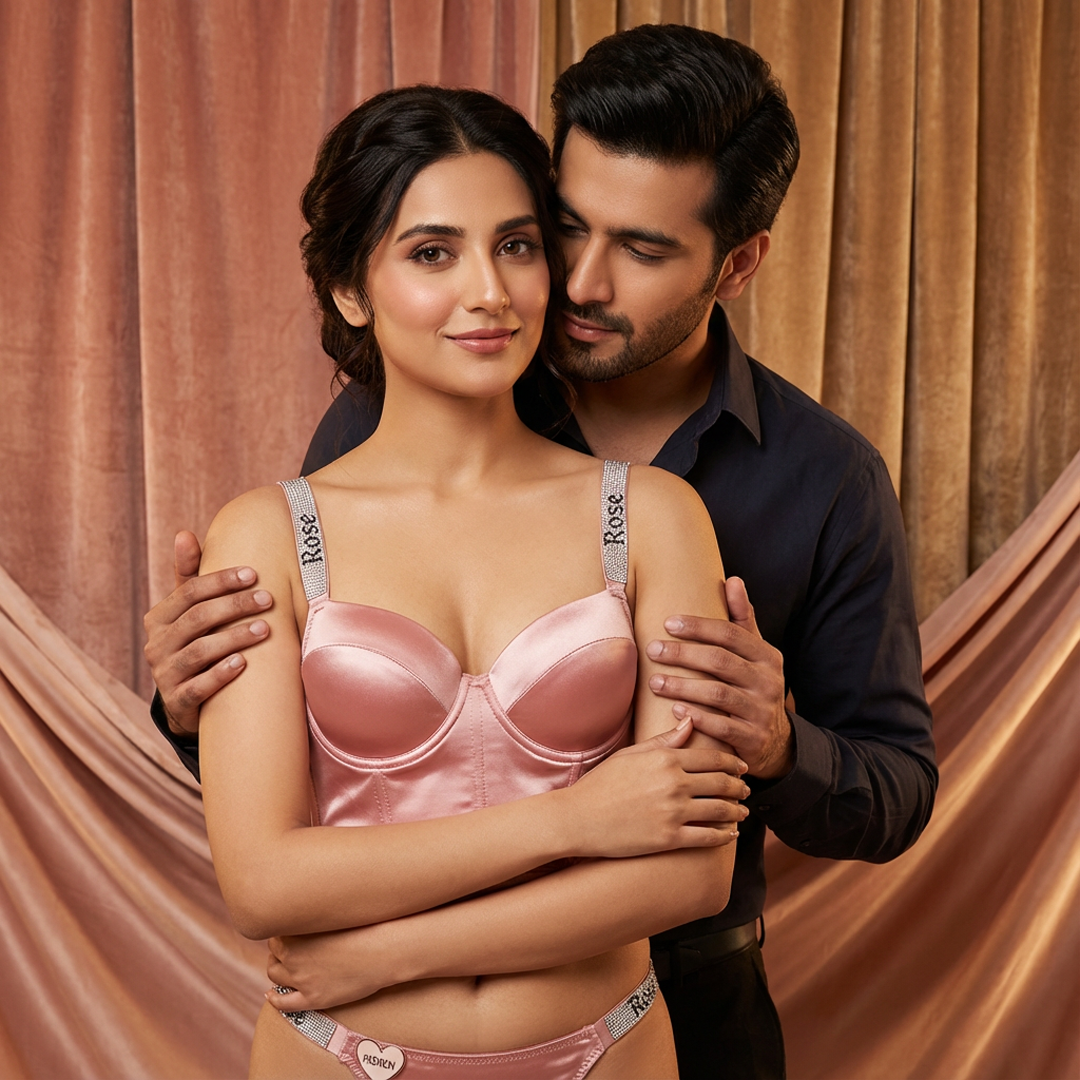 Luxury Satin Half-Cup Bra & Panty Set – Rhinestone Rose Straps | Premium Lingerie