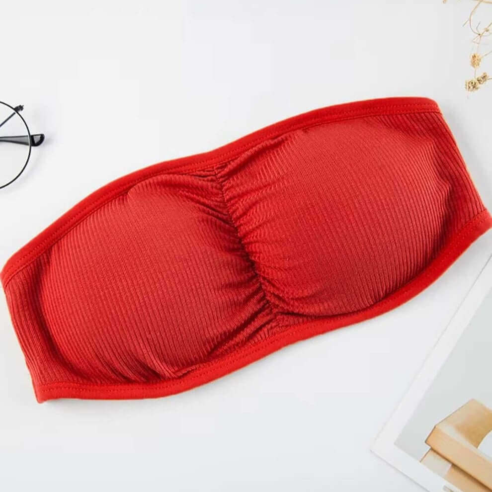 Free size Red bandeau bra with three back straps, removable padding, and ribbed stretchable fabric.