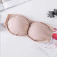 Free size beig bandeau bra with three back straps, removable padding, and ribbed stretchable fabric.
