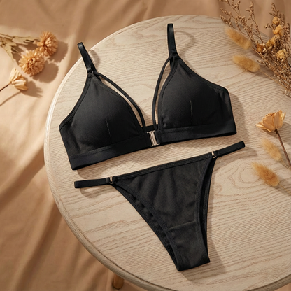 Ribbed Front-Clasp Bralette + Adjustable Thong Set (2-Piece) – Free Size (32–38)