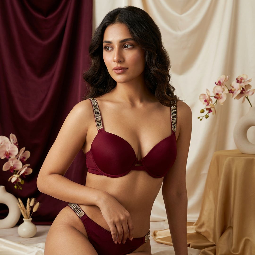 Victoria Secret Style Crystal Strap Bra & Thong Set