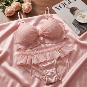 Pleated Bow Lace Lingerie Set (Bra + Panty)
