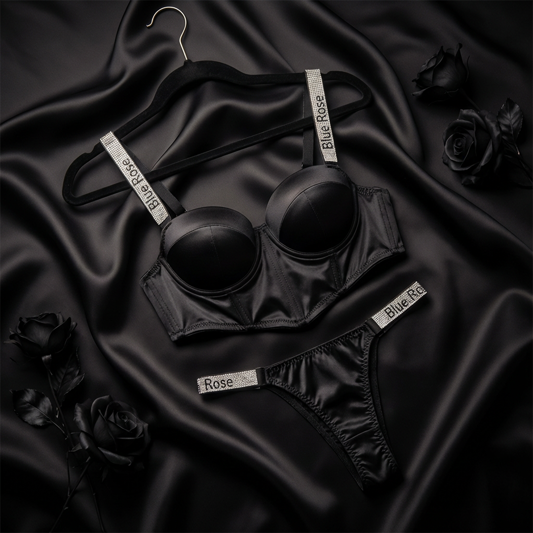 Luxury Satin Half-Cup Bra & Panty Set – Rhinestone Rose Straps | Premium Lingerie - Image 3